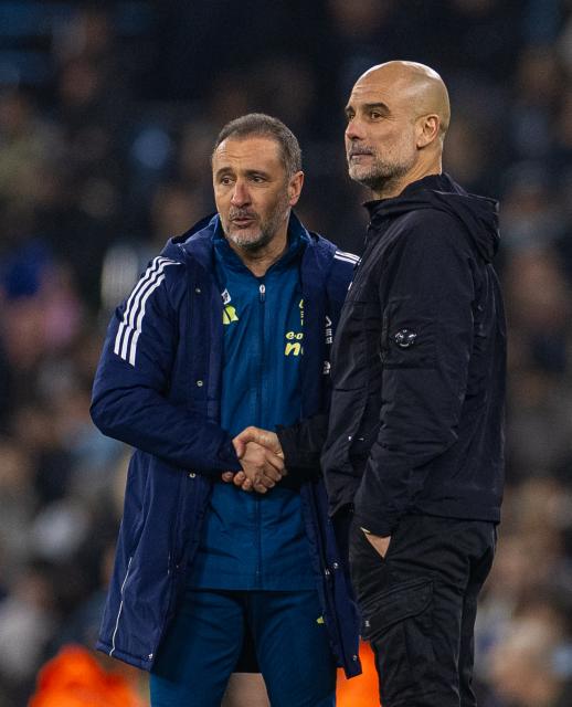 (260305) -- MANCHESTER, March 5, 2026 (Xinhua) -- Nottingham Forest's head coach Vitor Pereira (L) shakes hands with Manchester City's head coach Pep Guardiola after the English Premier League match between Manchester City FC and Nottingham Forest FC in Manchester, Britain, on March 4, 2026. (Xinhua)
FOR EDITORIAL USE ONLY. NOT FOR SALE FOR MARKETING OR ADVERTISING CAMPAIGNS. NO USE WITH UNAUTHORIZED AUDIO, VIDEO, DATA, FIXTURE LISTS, CLUB/LEAGUE LOGOS OR "LIVE" SERVICES. ONLINE IN-MATCH USE LIMITED TO 45 IMAGES, NO VIDEO EMULATION. NO USE IN BETTING, GAMES OR SINGLE CLUB/LEAGUE/PLAYER PUBLICATIONS.