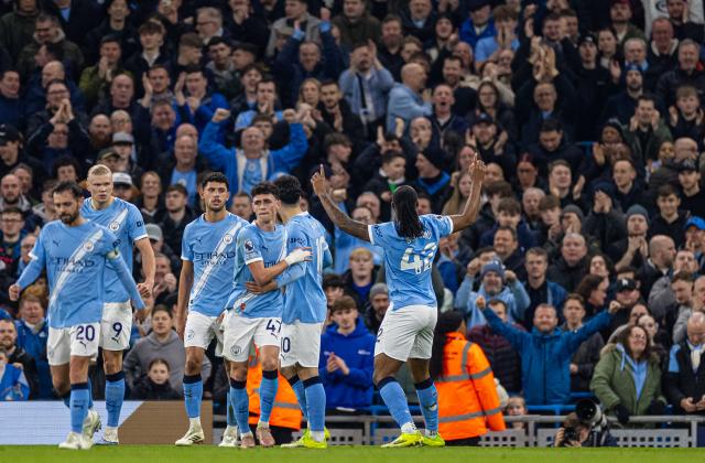 (260305) -- MANCHESTER, March 5, 2026 (Xinhua) -- Manchester City's Antoine Semenyo (1st, R) celebrates after scoring the first goal during the English Premier League match between Manchester City FC and Nottingham Forest FC in Manchester, Britain, on March 4, 2026. (Xinhua)
FOR EDITORIAL USE ONLY. NOT FOR SALE FOR MARKETING OR ADVERTISING CAMPAIGNS. NO USE WITH UNAUTHORIZED AUDIO, VIDEO, DATA, FIXTURE LISTS, CLUB/LEAGUE LOGOS OR "LIVE" SERVICES. ONLINE IN-MATCH USE LIMITED TO 45 IMAGES, NO VIDEO EMULATION. NO USE IN BETTING, GAMES OR SINGLE CLUB/LEAGUE/PLAYER PUBLICATIONS.