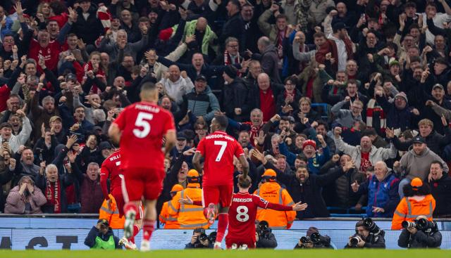 (260305) -- MANCHESTER, March 5, 2026 (Xinhua) -- Nottingham Forest's Elliot Anderson (bottom) celebrates after scoring his side's second equalising goal during the English Premier League match between Manchester City FC and Nottingham Forest FC in Manchester, Britain, on March 4, 2026. (Xinhua)
FOR EDITORIAL USE ONLY. NOT FOR SALE FOR MARKETING OR ADVERTISING CAMPAIGNS. NO USE WITH UNAUTHORIZED AUDIO, VIDEO, DATA, FIXTURE LISTS, CLUB/LEAGUE LOGOS OR "LIVE" SERVICES. ONLINE IN-MATCH USE LIMITED TO 45 IMAGES, NO VIDEO EMULATION. NO USE IN BETTING, GAMES OR SINGLE CLUB/LEAGUE/PLAYER PUBLICATIONS.