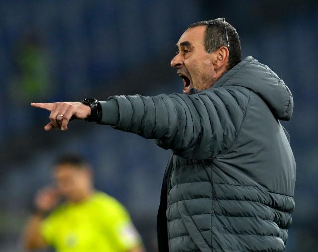 (260305) -- ROME, March 5, 2026 (Xinhua) -- Lazio's head coach Maurizio Sarri gestures during the Italian Cup semifinal 1st leg match between Lazio and Atalanta in Rome, Italy, March 4, 2026. (Photo by Alberto Lingria/Xinhua)