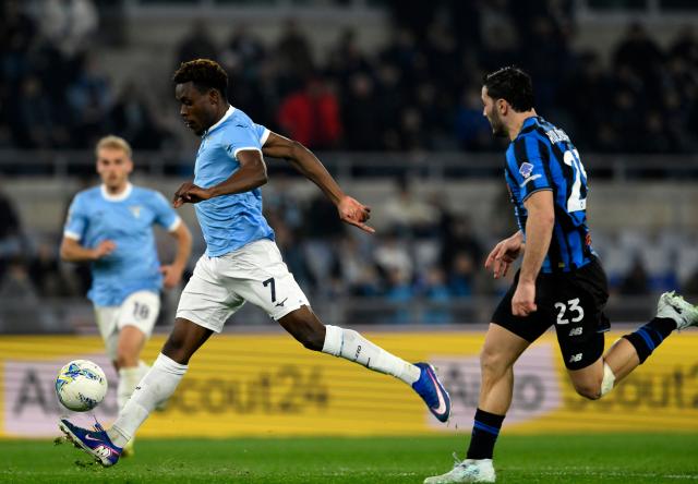 (260305) -- ROME, March 5, 2026 (Xinhua) -- Lazio's Fisayo Dele-Bashiru (L) scores during the Italian Cup semifinal 1st leg match between Lazio and Atalanta in Rome, Italy, March 4, 2026. (Photo by Alberto Lingria/Xinhua)