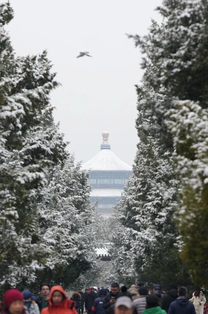 (260305) -- BEIJING, March 5, 2026 (Xinhua) -- Tourists visit the Tiantan (Temple of Heaven) Park in Beijing, capital of China, March 5, 2026. Beijing has witnessed a spring snowfall from Wednesday to Thursday. (Xinhua/Ju Huanzong)