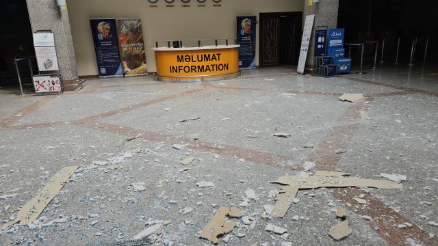 (260305) -- BAKU, March 5, 2026 (Xinhua) -- This photo taken with a mobile phone shows the damage inside a building at Nakhchivan International Airport in Nakhchivan Autonomous Republic, March 5, 2026.
  The Azerbaijani Foreign Ministry on Thursday strongly condemned drone attacks on its Nakhchivan Autonomous Republic launched from Iranian territory, calling the strikes a "violation of the norms and principles of international law."
   The attacks took place at around midday on Thursday. One drone struck the terminal building at Nakhchivan International Airport, injuring two civilians and causing structural damage, while another drone fell near a school in the village of Shakarabad, the ministry said in a statement.
   The ministry said the actions would escalate regional tensions and directly contradict the principles of international law.
   Nakhchivan is an Azerbaijani exclave separated from the rest of the country by Armenia and bordering Armenia, Iran and Türkiye. (Azerbaijan State News Agency/Handout via Xinhua)