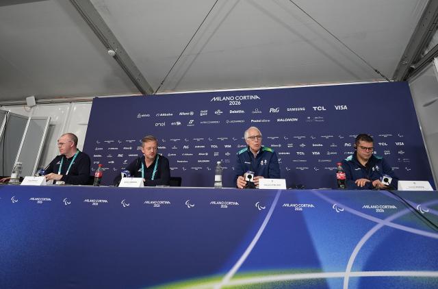 (260305) -- CORTINA D'AMPEZZO, March 5, 2026 (Xinhua) -- Andrew Parsons (2nd L), president of International Paralympic Committee (IPC), and Giovanni Malago (2nd R), president of the Milan-Cortina 2026 organizing committee, attend an IPC media briefing at the Milan-Cortina 2026 Paralympic Winter Games in Cortina D'ampezzo, Italy, March 5, 2026. (Xinhua/Hou Zhaokang)