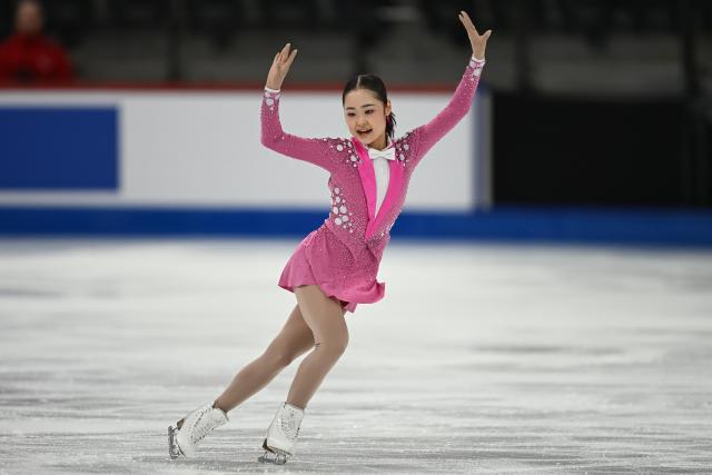 (260306) -- TALLINN, March 6, 2026 (Xinhua) -- Shimada Mao of Japan competes during the women's short program at the ISU Figure Skating Junior World Championships in Tallinn, Estonia, March 5, 2026 (Photo by Sergei Stepanov/Xinhua)