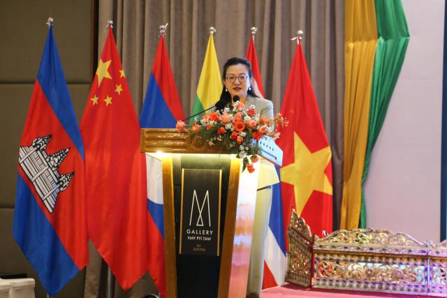 (260306) -- NAY PYI TAW, March 6, 2026 (Xinhua) -- Chinese Ambassador to Myanmar Ma Jia speaks during a ceremony to mark the 10th anniversary of the Lancang-Mekong Cooperation (LMC) mechanism in Nay Pyi Taw, Myanmar, March 5, 2026.
  Myanmar on Thursday held a ceremony to mark the 10th anniversary of the Lancang-Mekong Cooperation (LMC) mechanism in Nay Pyi Taw, highlighting achievements made under the regional cooperation framework over the past decade.
  TO GO WITH "Myanmar marks 10th anniversary of Lancang-Mekong Cooperation mechanism " (Photo by Ei Mon Kyaw/Xinhua)