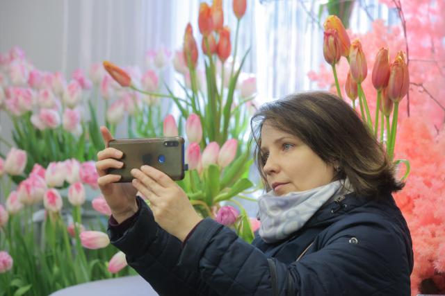 (260306) -- ST. PETERSBURG, March 6, 2026 (Xinhua) -- A woman takes photos of flowers with her mobile phone during a flower show to celebrate the upcoming International Women's Day in St. Petersburg, Russia, March 6, 2026. (Photo by Irina Motina/Xinhua)