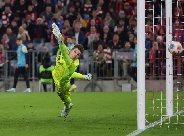 (260307) -- MUNICH, March 7, 2026 (Xinhua) -- Moritz Nicolas, goalkeeper of Borussia Moenchengladbach, fails to make a save during the German first division Bundesliga football match between FC Bayern Munich and Borussia Moenchengladbach in Munich, Germany, March 6, 2026. (Photo by Philippe Ruiz/Xinhua)