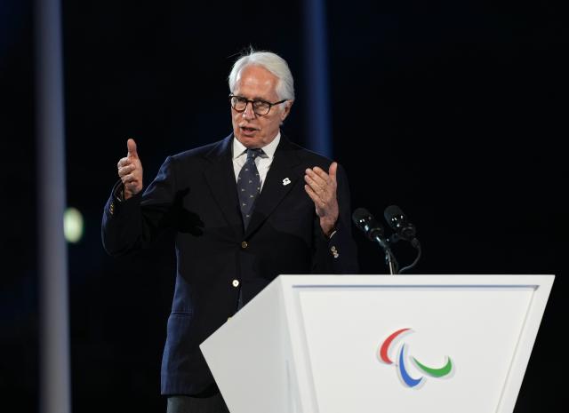 (260307) -- VERONA, March 7, 2026 (Xinhua) -- Milan-Cortina 2026 Organising Committee President Giovanni Malago delivers a speech during the opening ceremony of Milan-Cortina 2026 Paralympic Winter Games at Verona Olympic Arena in Verona, Italy, March 6, 2026. (Xinhua/Li Jing)