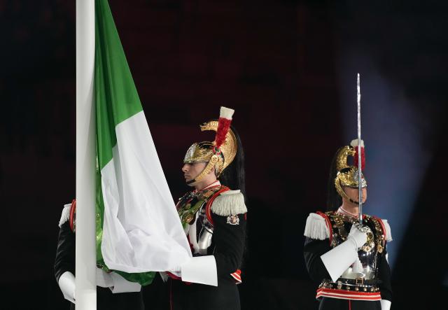 (260307) -- VERONA, March 7, 2026 (Xinhua) -- The Italian national flag is to be raised during the opening ceremony of Milan-Cortina 2026 Paralympic Winter Games at Verona Olympic Arena in Verona, Italy, March 6, 2026. (Xinhua/Li Jing)