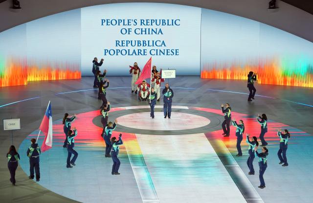 (260307) -- VERONA, March 7, 2026 (Xinhua) -- Members of the delegation of China parade during the opening ceremony of Milan-Cortina 2026 Paralympic Winter Games at Verona Olympic Arena in Verona, Italy, March 6, 2026. (Xinhua/Cai Yang)