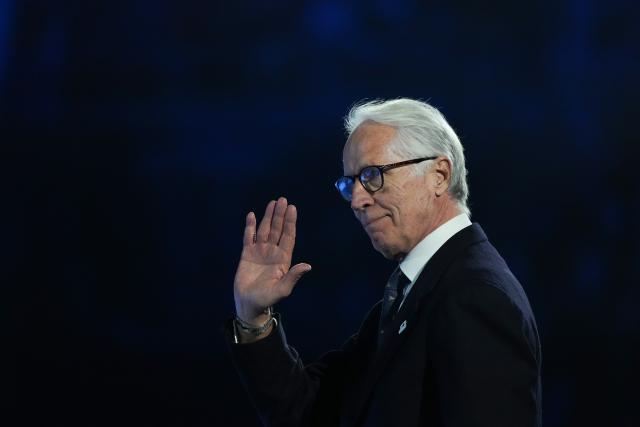 (260307) -- VERONA, March 7, 2026 (Xinhua) -- Giovanni Malago, president of Milan-Cortina 2026 Organising Committee, react during the opening ceremony of Milan-Cortina 2026 Paralympic Winter Games at Verona Olympic Arena in Verona, Italy, March 6, 2026. (Xinhua/Li Jing)