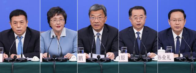 (260307) -- BEIJING, March 7, 2026 (Xinhua) -- This combo photo shows Minister of Education Huai Jinpeng (C), Minister of Civil Affairs Lu Zhiyuan (2nd R), Minister of Human Resources and Social Security Wang Xiaoping (2nd L), Minister of Culture and Tourism Sun Yeli (1st R), and Lei Haichao (1st L), head of the National Health Commission, attending a press conference for the fourth session of the 14th National People's Congress (NPC) on people's livelihood in Beijing, capital of China, March 7, 2026. (Xinhua/Wang Xi)