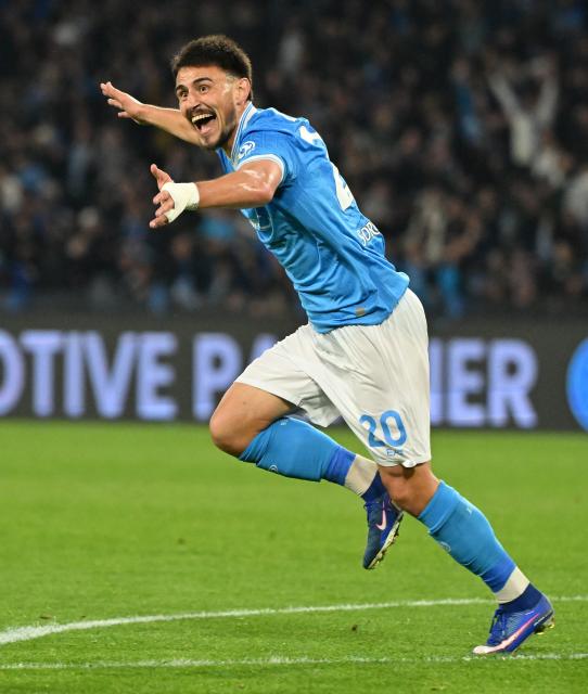 (260307) -- NAPLES, March 7, 2026 (Xinhua) -- Napoli's Eljif Elmas celebrates his goal during a Serie A football match between Napoli and Torino in Naples, Italy, March 6, 2026. (Photo by Alberto Lingria/Xinhua)