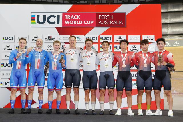 (260307) -- PERTH, March 7, 2026 (Xinhua) -- Gold medalist team Germany (C), silver medalist team the Czech Republic (L), bronze medalist team China pose during the awarding ceremony for the men's elite team sprint of the 2026 UCI Track World Cup in Perth, Australia, March 6, 2026. (Photo by Zhou Dan/Xinhua)