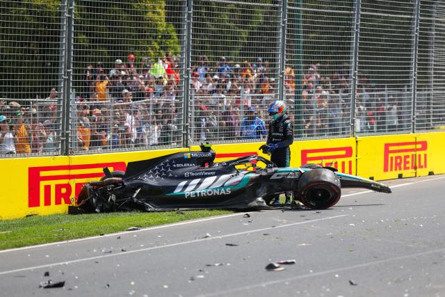 (260307) -- MELBOURNE, March 7, 2026 (Xinhua) -- Mercedes's Andrea Kimi Antonelli (R) of Italy reacts after the crash during the practice session of the Formula One Australia Grand Prix in Melbourne, Australia, March 7, 2026. (Photo by Qian Jun/Xinhua)
