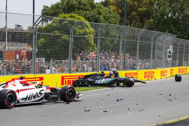 (260307) -- MELBOURNE, March 7, 2026 (Xinhua) -- Mercedes's Andrea Kimi Antonelli (R) of Italy reacts after the crash during the practice session of the Formula One Australia Grand Prix in Melbourne, Australia, March 7, 2026. (Photo by Qian Jun/Xinhua)