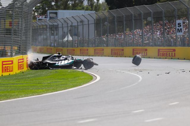 (260307) -- MELBOURNE, March 7, 2026 (Xinhua) -- Mercedes's Andrea Kimi Antonelli of Italy crashes during the practice session of the Formula One Australia Grand Prix in Melbourne, Australia, March 7, 2026. (Photo by Qian Jun/Xinhua)