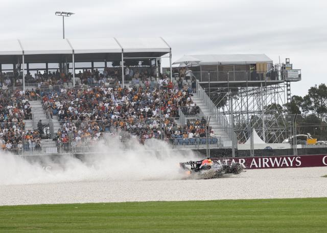 (260307) -- MELBOURNE, March 7, 2026 (Xinhua) -- Red Bull's Max Verstappen of the Netherlands spins off the track during the qualifying session of the Formula One Australia Grand Prix at Albert Park in Melbourne, Australia, March 7, 2026. (Xinhua/Ma Ping)