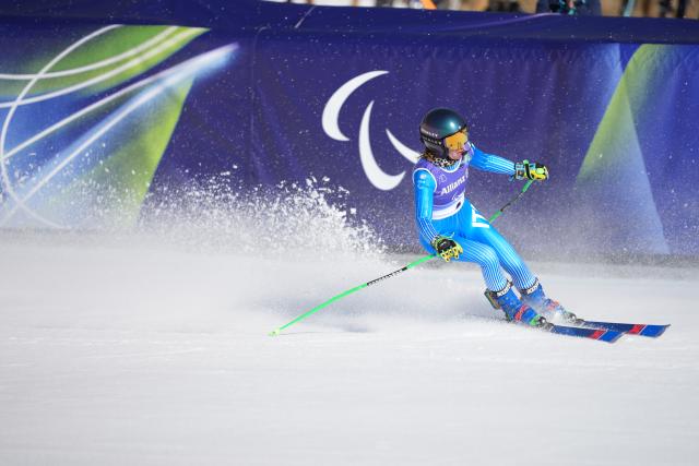 (260307) -- CORTINA D'AMPEZZO, March 7, 2026 (Xinhua) -- Chiara Mazzel of Italy competes during para alpine skiing women's downhill vision impaired match at the Milan-Cortina 2026 Paralympic Winter Games in Cortina D'ampezzo, Italy, March 7, 2026. (Xinhua/Wang Kaiyan)