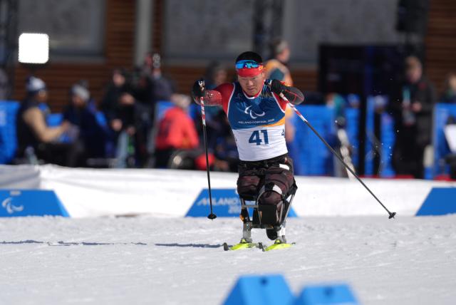 (260307) -- TESERO, March 7, 2026 (Xinhua) -- Wang Tao of China competes during the men's sprint sitting final of para biathon at the Milan-Cortina 2026 Paralympic Winter Games in Tesero, Italy, March 7, 2026. (Xinhua/Cai Yang)