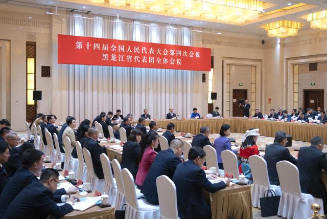 (260307) -- BEIJING, March 7, 2026 (Xinhua) -- A group meeting of deputies from the delegation of Heilongjiang Province is held at the fourth session of the 14th National People's Congress (NPC) in Beijing, capital of China, March 7, 2026. (Xinhua/Li Minggang)