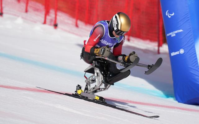 (260307) -- CORTINA D'AMPEZZO, March 7, 2026 (Xinhua) -- Anna-Lena Forster of Germany competes during the para alpine skiing women's downhill sitting match at the Milan-Cortina 2026 Paralympic Winter Games in Cortina D'ampezzo, Italy, March 7, 2026. (Xinhua/Wang Kaiyan)