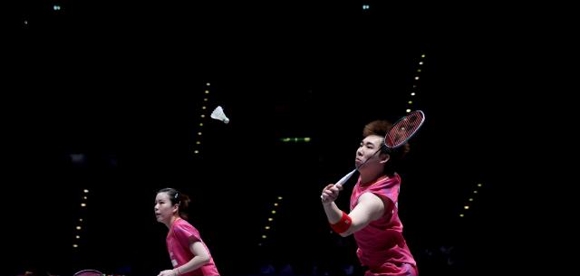 (260307) -- BIRMINGHAM, March 7, 2026 (Xinhua) -- Guo Xinwa (R)/Chen Fanghui compete during the mixed doubles semifinal between Guo Xinwa/Chen Fanghui of China and Thom Gicquel/Delphine Delrue of France at the All England Open Badminton Championships 2026 in Birmingham, Britain, March 7, 2026. (Xinhua/Li Ying)