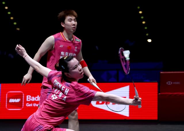 (260307) -- BIRMINGHAM, March 7, 2026 (Xinhua) -- Guo Xinwa/Chen Fanghui (front) compete during the mixed doubles semifinal between Guo Xinwa/Chen Fanghui of China and Thom Gicquel/Delphine Delrue of France at the All England Open Badminton Championships 2026 in Birmingham, Britain, March 7, 2026. (Xinhua/Li Ying)