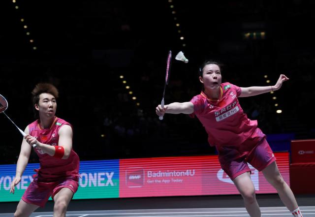 (260307) -- BIRMINGHAM, March 7, 2026 (Xinhua) -- Guo Xinwa/Chen Fanghui (R) compete during the mixed doubles semifinal between Guo Xinwa/Chen Fanghui of China and Thom Gicquel/Delphine Delrue of France at the All England Open Badminton Championships 2026 in Birmingham, Britain, March 7, 2026. (Xinhua/Li Ying)