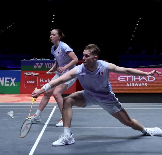 (260307) -- BIRMINGHAM, March 7, 2026 (Xinhua) -- Thom Gicquel (front)/Delphine Delrue compete during the mixed doubles semifinal between Guo Xinwa/Chen Fanghui of China and Thom Gicquel/Delphine Delrue of France at the All England Open Badminton Championships 2026 in Birmingham, Britain, March 7, 2026. (Xinhua/Li Ying)