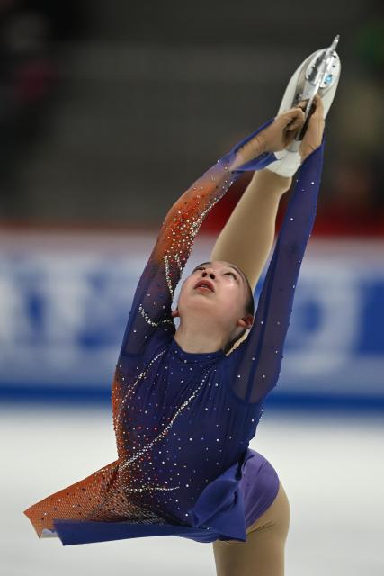 (260308) -- TALLINN, March 8, 2026 (Xinhua) -- Oka Mayuko of Japan competes during the women's free skating at the ISU Figure Skating Junior World Championships in Tallinn, Estonia, March 7, 2026. (Photo by Sergei Stepanov/Xinhua)