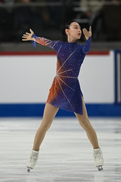 (260308) -- TALLINN, March 8, 2026 (Xinhua) -- Oka Mayuko of Japan competes during the women's free skating at the ISU Figure Skating Junior World Championships in Tallinn, Estonia, March 7, 2026. (Photo by Sergei Stepanov/Xinhua)
