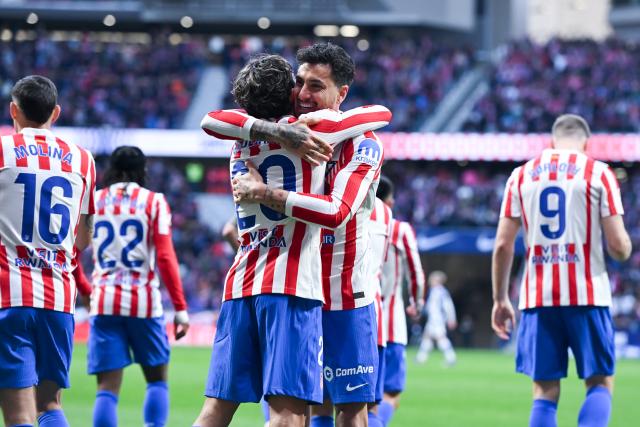 (260308) -- MADRID, March 8, 2026 (Xinhua) -- Atletico de Madrid's players celebrate a goal during the La Liga football match between Atletico de Madrid and Real Sociedad at Riyadh Air Metropolitano stadium in Madrid, Spain, on March 7, 2026. (Photo by Gustavo Valiente/Xinhua)