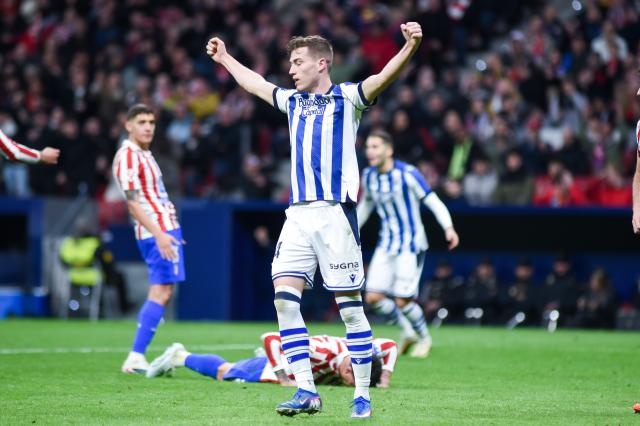 (260308) -- MADRID, March 8, 2026 (Xinhua) -- Real Sociedad's Luka Sucic celebrates a goal during the La Liga football match between Atletico de Madrid and Real Sociedad at Riyadh Air Metropolitano stadium in Madrid, Spain, on March 7, 2026. (Photo by Gustavo Valiente/Xinhua)