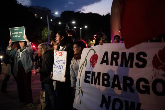 (260308) -- TEL AVIV, March 8, 2026 (Xinhua) -- People take part in a rally at a square to protest against U.S. and Israeli military attacks on Iran and demand an immediate end to all acts of war in Tel Aviv, Israel, March 7, 2026. (Photo by Jamal Awad/Xinhua)