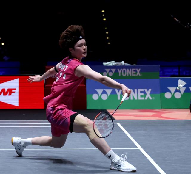 (260308) -- BIRMINGHAM, March 8, 2026 (Xinhua) -- Wang Zhiyi returns a shot during the women's singles semifinal match between Wang Zhiyi of China and Yamaguchi Akane of Japan at the All England Open Badminton Championships 2026 in Birmingham, Britain, March 7, 2026. (Xinhua/Li Ying)