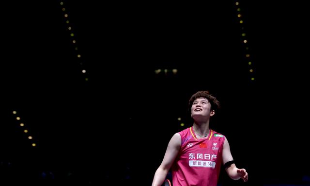 (260308) -- BIRMINGHAM, March 8, 2026 (Xinhua) -- Wang Zhiyi reacts during the women's singles semifinal match between Wang Zhiyi of China and Yamaguchi Akane of Japan at the All England Open Badminton Championships 2026 in Birmingham, Britain, March 7, 2026. (Xinhua/Li Ying)