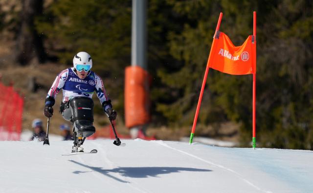 (260308) -- CORTINA D'AMPEZZO, March 8, 2026 (Xinhua) -- Jesper Pedersen of Norway competes during the para alpine skiing men's downhill sitting match at the Milan-Cortina 2026 Paralympic Winter Games in Cortina D'ampezzo, Italy, March 7, 2026. (Xinhua/Wang Kaiyan)