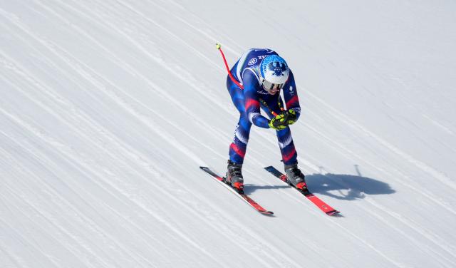 (260308) -- CORTINA D'AMPEZZO, March 8, 2026 (Xinhua) -- Arthur Bauchet of France competes during the para alpine skiing men's downhill standing match at the Milan-Cortina 2026 Paralympic Winter Games in Cortina D'ampezzo, Italy, March 7, 2026. (Xinhua/Wang Kaiyan)