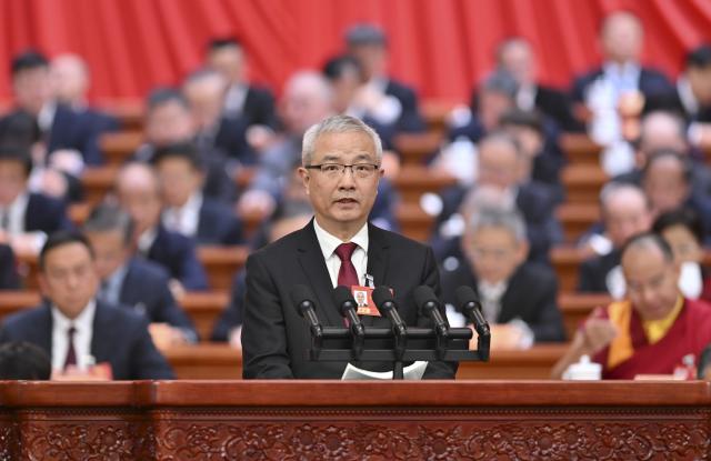 (260308) -- BEIJING, March 8, 2026 (Xinhua) -- Yang Mingjie, a member of the 14th National Committee of the Chinese People's Political Consultative Conference (CPPCC), speaks at the third plenary meeting of the fourth session of the 14th CPPCC National Committee at the Great Hall of the People in Beijing, capital of China, March 8, 2026. (Xinhua/Yue Yuewei)