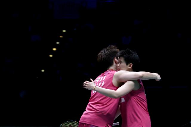 (260308) -- BIRMINGHAM, March 8, 2026 (Xinhua) -- Liu Shengshu (L) and Tan Ning celebrate after the women's doubles semifinal match between Liu Shengshu/Tan Ning of China and Jia Yifan/Zhang Shuxian of China at the All England Open Badminton Championships 2026 in Birmingham, Britain, March 7, 2026. (Xinhua/Li Ying)