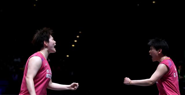 (260308) -- BIRMINGHAM, March 8, 2026 (Xinhua) -- Liu Shengshu (L) and Tan Ning celebrate after the women's doubles semifinal match between Liu Shengshu/Tan Ning of China and Jia Yifan/Zhang Shuxian of China at the All England Open Badminton Championships 2026 in Birmingham, Britain, March 7, 2026. (Xinhua/Li Ying)