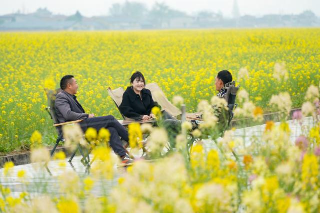 (260308) -- BEIJING, March 8, 2026 (Xinhua) -- Tourists enjoy leisure time among blooming flowers at Pengshan District of Meishan, southwest China's Sichuan Province, March 7, 2026. (Photo by Weng Guangjian/Xinhua)