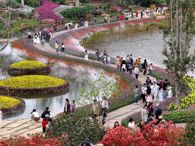 (260308) -- BEIJING, March 8, 2026 (Xinhua) -- Tourists view flowers at a scenic area in Nanning, south China's Guangxi Zhuang Autonomous Region, March 7, 2026. (Photo by Yu Xiangquan/Xinhua)