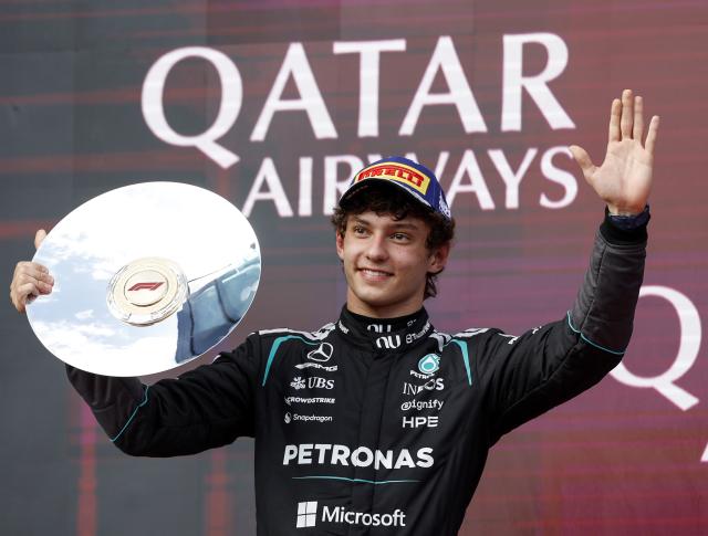 (260308) -- MELBOURNE, March 8, 2026 (Xinhua) -- Mercedes' Andrea Kimi Antonelli of Italy celebrates at the podium after the Formula One Australia Grand Prix at Albert Park in Melbourne, Australia, March 8, 2026. (Xinhua/Ma Ping)