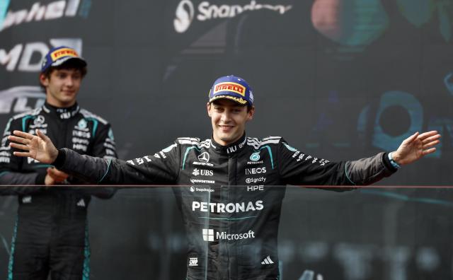 (260308) -- MELBOURNE, March 8, 2026 (Xinhua) -- Mercedes' George Russell of Britain celebrates at the podium after the Formula One Australia Grand Prix at Albert Park in Melbourne, Australia, March 8, 2026. (Xinhua/Ma Ping)