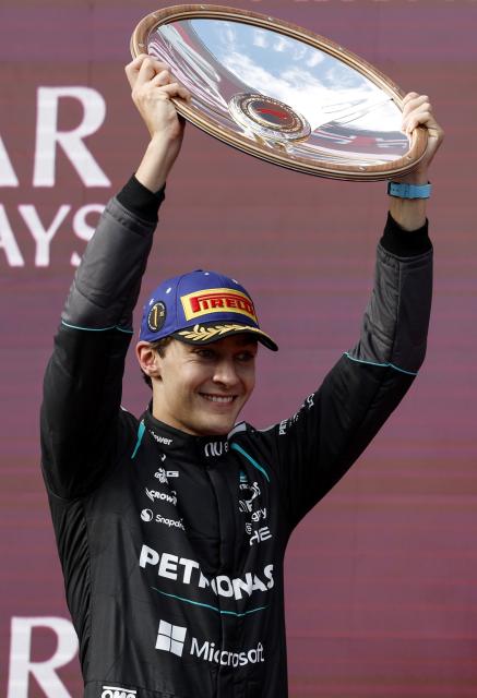 (260308) -- MELBOURNE, March 8, 2026 (Xinhua) -- Mercedes' George Russell of Britain celebrates at the podium after the Formula One Australia Grand Prix at Albert Park in Melbourne, Australia, March 8, 2026. (Xinhua/Ma Ping)