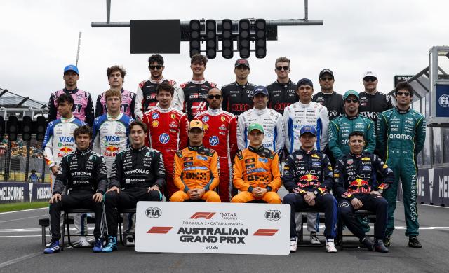 (260308) -- MELBOURNE, March 8, 2026 (Xinhua) -- Racers pose for a group photo before the Formula One Australia Grand Prix at Albert Park in Melbourne, Australia, March 8, 2026. (Xinhua/Ma Ping)