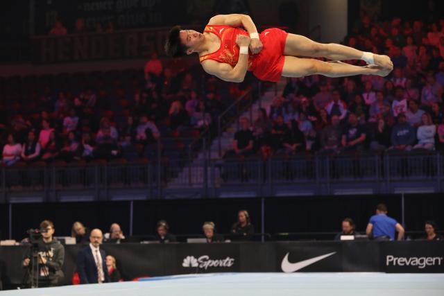 (260308) -- NEVADA, March 8, 2026 (Xinhua) -- Zhang Yangyu of China competes during the men's floor exercise at the USA Gymnastics American Cup Mixed Team in Nevada, the United States, March 7, 2026. (Photo by Zeng Hui/Xinhua)